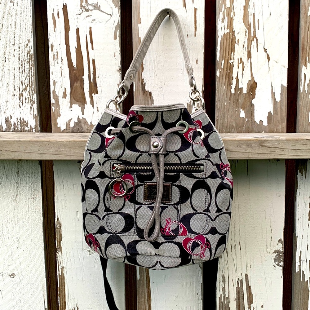 Coach Poppy gray black monogram crossbody cinch bag